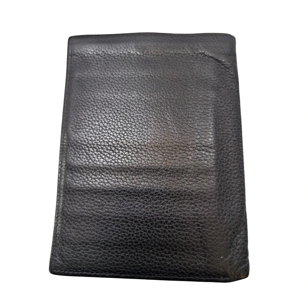 Longchamp Large Mens Black Pebbled Leather Trifold Wallet & Passport w Box‎